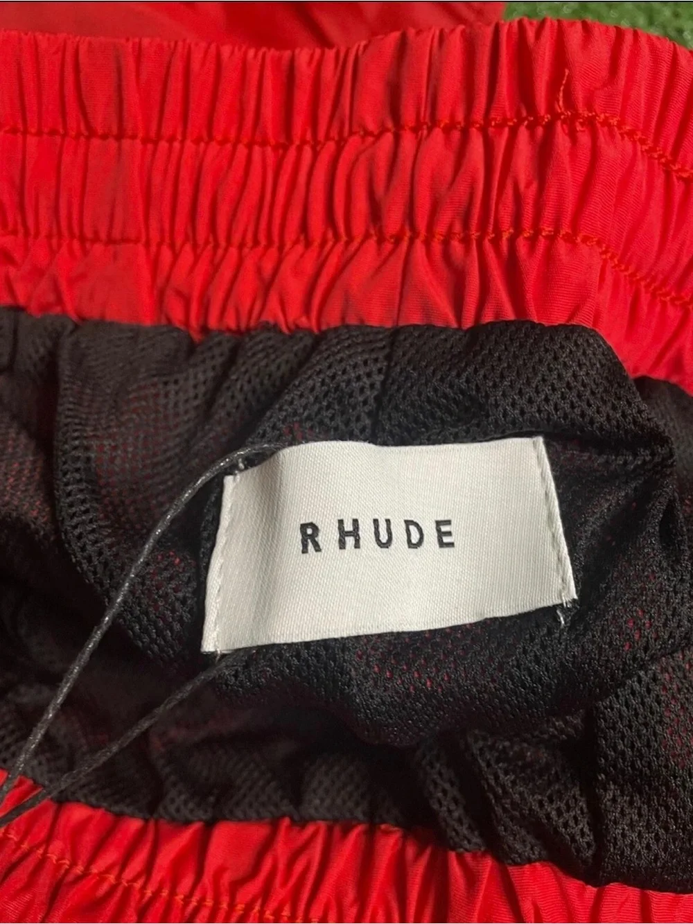 Rhude Red Swim Shorts with White Logo and Yellow Drawstring
